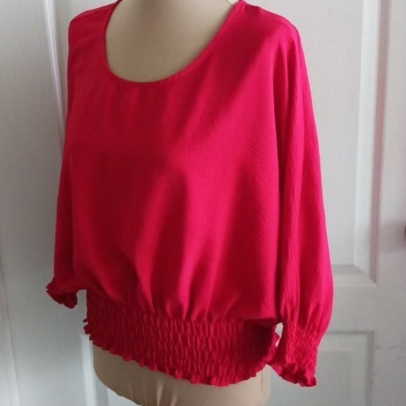 Vince Camuto Bright Red Smoked Dolman Sleeve Top Blouse Sz. Medium - Picture 8 of 13
